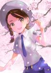  1girl :d braid branch brown_eyes brown_hair cherry_blossoms collared_shirt falling_petals hat juliana_(pokemon) looking_at_viewer morisawa_machi necktie open_mouth petals pokemon pokemon_sv purple_necktie purple_shorts school_uniform shirt shorts smile solo teeth upper_teeth_only uva_academy_school_uniform white_shirt 