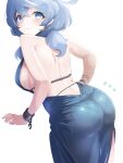 1girl ako_(blue_archive) ako_(dress)_(blue_archive) ass backless_dress backless_outfit blue_archive blue_eyes blue_hair blue_halo blush breasts closed_mouth cowboy_shot cuffs dress hair_between_eyes halo handcuffs highres komena_(shinyday312) large_breasts long_hair official_alternate_costume pantylines sideboob simple_background sleeveless sleeveless_dress solo white_background 
