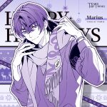  1boy character_name closed_mouth copyright_name fringe_trim hair_between_eyes hands_up long_sleeves looking_at_viewer male_focus marius_von_hagen_(tears_of_themis) official_art outline puffy_long_sleeves puffy_sleeves purple_background purple_theme scarf shirt smile solo tears_of_themis thick_eyebrows upper_body white_outline 