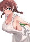  1girl absurdres apron aqua_eyes arms_behind_back arms_up bare_shoulders blush braid breasts brown_hair cleavage emma_verde evildaddy12 green_panties heart heart_in_eye highres large_breasts leaning_forward looking_to_the_side love_live! love_live!_nijigasaki_high_school_idol_club medium_hair nearly_naked_apron one_eye_closed open_mouth panties sideboob simple_background solo symbol_in_eye twin_braids underwear white_apron white_background 