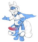 anthro black_and_white_and_blue canid canine cape clothed clothing condom_crusader erection fox genitals hair kitsune_youkai male mammal penis simple_background solo superhero tail white_background