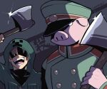  2boys arm_up axe black_shirt brown_hair furry furry_male glint green_jumpsuit grey_background hat hat_over_one_eye holding holding_axe jumpsuit kotorai male_focus marumaru_no_shuyaku_wa_wareware_da! military_hat military_uniform multiple_boys pig_boy shaded_face shirt short_hair teeth tonton_(marumaru_no_shuyaku_wa_wareware_da!) translation_request uniform zom 