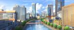  absurdres blue_sky bridge building canal city cloud day highres no_humans original outdoors road scenery sky street tree water xingzhi_lv 