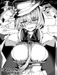  1girl absurdres arms_up between_breasts breasts character_name cigarette girls&#039;_frontline glasses gloves half_gloves hands_up hat headphones headphones_around_neck highres holding holding_cigarette looking_at_viewer minami_shin_(zenshuu_bougyo) monochrome necktie necktie_between_breasts parted_lips short_hair smile solo straight-on thompson_(girls&#039;_frontline) 