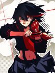  1girl absurdres black_hair blue_eyes blue_shirt blue_skirt clenched_hands closed_mouth floating_clothes floating_hair gloves hair_between_eyes halftone halftone_background hands_up highres injury isaacchief300 jpeg_artifacts kamui_(kill_la_kill) kill_la_kill life_fiber living_clothes matoi_ryuuko medium_hair midriff multicolored_hair navel neckerchief outline red_gloves red_hair red_neckerchief sailor_collar school_uniform serafuku shirt single_glove skirt sleeves_rolled_up solo standing stomach straight-on streaked_hair suspenders tongue tongue_out two-tone_hair v-shaped_eyebrows white_background white_outline 