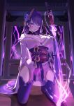  1girl absurdres blush breasts cleavage commentary_request domodomo0708 genshin_impact highres holding holding_sword holding_weapon japanese_clothes katana kimono kneeling large_breasts long_hair long_sleeves looking_at_viewer musou_isshin_(genshin_impact) obi parted_lips purple_eyes purple_hair purple_kimono raiden_shogun red_sash sash solo sword thighhighs weapon 