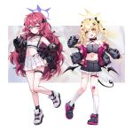  2girls absurdres alternate_costume bare_legs bare_shoulders black_footwear black_horns black_jacket black_skirt black_tail black_wings blonde_hair blue_archive blush demon_horns demon_tail demon_wings flat_chest full_body grey_eyes hair_ornament halo highres horns ibuki_(blue_archive) iroha_(blue_archive) jacket legs long_hair long_sleeves looking_at_viewer midriff multiple_girls navel off_shoulder open_clothes open_jacket open_mouth picter pleated_skirt red_hair shoes side_ponytail skirt smile socks tail wavy_hair white_skirt white_socks wings x_hair_ornament yellow_eyes yellow_halo 