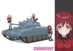  3girls absurdres against_vehicle black_footwear black_skirt boots brown_eyes character_name commentary cranberry_(girls_und_panzer) crusader_(tank) cup emblem finger_to_mouth girls_und_panzer grey_eyes grin hand_in_own_hair highres holding holding_cup jacket knee_boots knee_up leaning_back long_hair long_sleeves looking_at_viewer makeup mascara military_uniform military_vehicle miniskirt motor_vehicle multiple_girls peach_(girls_und_panzer) pink_hair pleated_skirt qgkmn541 red_hair red_jacket rosehip_(girls_und_panzer) sitting skirt smile st._gloriana&#039;s_(emblem) st._gloriana&#039;s_military_uniform standing studded_footwear tank teacup uniform wavy_hair white_background 