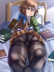  1girl artist_name ass back_bow black_pantyhose blue_bow blush book bow brown_hair brown_skirt cameltoe commentary eiyuu_densetsu embarrassed english_text feet foreshortening from_behind full-face_blush green_eyes hair_between_eyes hair_bow helvetica_std highres indoors long_hair looking_at_viewer looking_back low_ponytail lying miniskirt no_shoes on_bed on_stomach open_book open_mouth painttool_sai_(medium) panties panties_under_pantyhose pantyhose plaid plaid_skirt pleated_skirt school_uniform sen_no_kiseki sidelighting skirt soles solo thighband_pantyhose thighs towa_herschel underwear upskirt wide-eyed 