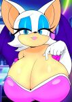 absurd_res anthro armwear bat bat_wings big_breasts blue_eyes blue_eyeshadow breasts cleavage clothed clothing elbow_gloves eyelashes eyeshadow fangs female fur furry_funnychan gloves handwear hi_res huge_breasts looking_at_viewer makeup mammal membrane_(anatomy) membranous_wings open_mouth rouge_the_bat sega solo sonic_the_hedgehog_(series) tan_body tan_fur teeth white_body white_clothing white_fur white_gloves white_handwear wings