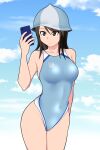  1girl arm_behind_back blue_headwear blue_one-piece_swimsuit blue_sky brown_eyes brown_hair cellphone closed_mouth cloud cloudy_sky competition_swimsuit covered_navel cowboy_shot day emblem girls_und_panzer hat highres holding holding_phone keizoku_(emblem) long_hair mika_(girls_und_panzer) one-piece_swimsuit outdoors phone sky smartphone smile solo standing swimsuit tanaka_rikimaru tulip_hat 