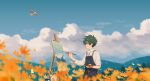  1boy aircraft airplane apron arisa_(aren) art_brush artist_name blue_apron blurry blurry_foreground bucket bug butterfly canvas_(object) closed_mouth cloud collared_shirt commentary_request day easel field flower flower_field green_hair hand_up highres holding holding_brush looking_ahead looking_at_object mountainous_horizon open_collar orange_flower original outdoors paint_stains paintbrush painting_(action) painting_(object) profile shirt short_hair signature simple_bird sleeves_rolled_up smile solo standing white_shirt 