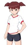  1girl adjusting_shirt bike_shorts black_shorts brown_eyes brown_hair commentary_request cosplay cowboy_shot girls_und_panzer gym_shirt gym_uniform hair_tie hand_on_own_hip highres isobe_noriko isobe_noriko_(cosplay) light_smile looking_at_viewer mikko_(girls_und_panzer) mouth_hold shirt short_hair short_shorts short_sleeves short_twintails shorts simple_background solo standing tanaka_rikimaru twintails wheat white_background white_shirt 