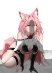  1girl absurdres all_fours animal_ear_fluff animal_ears arknights black_gloves bra braid breasts cleavage epitaph_(ryaf8834) gloves hair_ornament highres large_breasts long_hair penis_awe pink_eyes pink_hair pozyomka_(arknights) red_skirt shadow skirt underwear very_long_hair wolf_ears wolf_girl 