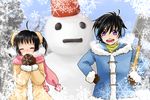  1boy 1girl ahoge black_hair blush brother_and_sister child eyes_closed gloves hisui_hearts jacket kohak_hearts purple_eyes scarf short_hair shovel siblings smile snow snowman tales_of_(series) tales_of_hearts twintails 