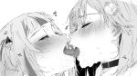  2girls black_choker blunt_bangs blush bob_cut carrot_011 choker closed_eyes collar french_kiss gawr_gura hair_ornament highres hololive hololive_english kiss magnifying_glass monochrome multicolored_hair multiple_girls one_side_up open_mouth saliva shirt short_hair streaked_hair virtual_youtuber watson_amelia white_shirt yuri 