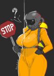  1girl ? absurdres artist_name bodysuit breasts dripping full-length_zipper grey_background hand_on_own_hip harness hazmat_suit highres improvised_weapon large_breasts lethal_company orange_bodysuit oxygen_mask oxygen_tank reflective_visor road_sign sexually_suggestive sign solo spooky_(dare_to_exist) standing stop_sign suggestive_fluid worker_(lethal_company) zipper 