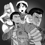  2girls 3boys absurdres angry arm_above_head bandage_on_face bandages bandana belt breasts chinese_clothes clenched_hands collared_jacket denim denim_shorts fighting game_console greyscale hair_slicked_back hand_on_own_hip hat hazuki_ryou highres jacket joy_(shenmue) kansu-kansu lan_di large_breasts ling_shen_hua logo long_hair midriff monochrome multiple_boys multiple_girls open_mouth patch ren_wu_ying scarf sega_dreamcast shenmue shenmue_ii shirt shorts shoulder_patch simple_background t-shirt thighs very_long_hair white_bandana 