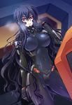  adjusting_hair armor ass_visible_through_thighs bangs beatrix_bremer black_hair bodysuit breasts breath carnelian covered_navel covered_nipples cowboy_shot dutch_angle emblem german gloves grin hair_between_eyes half_updo highres impossible_bodysuit impossible_clothes indoors large_breasts legs_apart long_hair looking_at_viewer muvluv non-web_source parted_lips pilot_suit red_eyes schwarzesmarken sidelocks skin_tight smile solo very_long_hair wavy_hair 