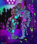 absurd_res alcohol anthro beer beverage clothing dance_floor duo felid frohti hand_on_chest harness hi_res jockstrap kivi_(kivitgr) male male/male mammal nipple_piercing nipples pantherine piercing public red_winds size_difference tiger underwear