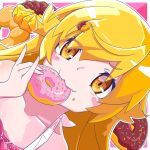  1girl bare_shoulders blonde_hair blush blush_stickers border croissant dated doughnut doughnut_hair_ornament dress eating fang food food-themed_hair_ornament hair_ornament highres holding holding_doughnut holding_food long_hair looking_at_viewer monogatari_(series) oshino_shinobu outline pink_background sidelocks signature solo sunekos white_border white_outline yellow_eyes 