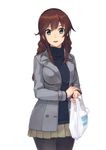  :d absurdres bag black_legwear black_sweater breasts brown_hair cowboy_shot green_eyes green_skirt grey_jacket highres impossible_clothes jacket kantai_collection konishi_(koconatu) large_breasts lawson long_hair looking_at_viewer miniskirt noshiro_(kantai_collection) official_art open_clothes open_jacket open_mouth pantyhose plastic_bag pleated_skirt ribbed_sweater simple_background skirt smile solo standing sweater turtleneck turtleneck_sweater white_background 