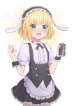  1girl :d animal_ears apron aqua_eyes black_dress black_ribbon black_wrist_cuffs blonde_hair blunt_bangs blush can canned_coffee center_frills coffee commentary cowboy_shot dress drink_can drunk fake_animal_ears fleur_de_lapin_uniform frilled_apron frilled_cuffs frilled_dress frills gochuumon_wa_usagi_desu_ka? hands_up happy highres kirima_(zs_at_) kirima_syaro looking_at_viewer maid neck_ribbon nose_blush open_mouth puffy_short_sleeves puffy_sleeves rabbit_ears ribbon shirt short_hair short_sleeves simple_background sleeveless sleeveless_dress smile solo w_arms waist_apron white_apron white_background white_shirt wrist_cuffs 