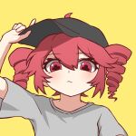  +_+ 1girl adjusting_clothes adjusting_headwear baseball_cap blush closed_mouth drill_hair expressionless grey_headwear grey_shirt hair_between_eyes hat highres kasane_teto kuroneko_0139 looking_at_viewer override_(synthesizer_v) red_eyes red_hair shirt sidelocks simple_background solo synthesizer_v twin_drills yellow_background 