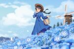  1girl :d arisa_(aren) artist_name black_hair blue_dress blue_flower blue_sky blue_theme blurry blurry_background blush braid bug butterfly cloud day dress field flower flower_field green_eyes hand_on_own_ear hand_up highres long_hair long_sleeves looking_ahead nemophila_(flower) open_mouth original outdoors signature sky smile solo standing twin_braids twintails wind windmill 
