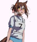  1girl animal_ears arms_at_sides blush breasts breath brown_hair buruma clover_hair_ornament fine_motion_(umamusume) hair_between_eyes hair_bun hair_ornament highres horse_ears looking_up multicolored_hair open_mouth race_bib samedonburi shirt short_hair short_sleeves simple_background small_breasts solo streaked_hair sweat umamusume upper_body white_background white_shirt yellow_eyes 