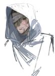  1boy absurdres bandage_over_one_eye black_hair cape closed_mouth commentary expressionless facial_hair golden_kamuy haxinssy highres hood hood_up hooded_cape looking_at_viewer male_focus ogata_hyakunosuke scar scar_on_cheek scar_on_face simple_background solo stubble symbol-only_commentary upper_body white_background white_cape 