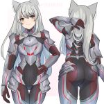  1girl animal_ear_fluff animal_ears armor artist_name ass black_bodysuit bodysuit cat_ears closed_mouth commentary covered_navel english_commentary eyelashes grey_hair hand_on_own_hip highres long_hair m_(xenoblade) multiple_views red_bodysuit shoulder_armor simple_background smile twitter_username two-tone_bodysuit white_background xenoblade_chronicles_(series) xenoblade_chronicles_3 yaizaberry yellow_eyes 