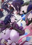  2girls absurdres arrow_(projectile) bob_cut bodysuit breasts fang fate/grand_order fate_(series) fighting fingerless_gloves gloves highres holding holding_sword holding_weapon horns japanese_clothes katana kimono long_hair long_sleeves low-tied_long_hair minamoto_no_raikou_(fate) multiple_girls pointy_ears purple_bodysuit purple_kimono shuten_douji_(fate) small_breasts sword toyosu weapon 