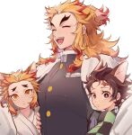  3boys animal_ears blonde_hair brothers brown_hair cape checkered_clothes closed_eyes colored_tips curious demon_slayer_uniform earrings flame_print forked_eyebrows fox_ears hanafuda_earrings haori height_difference highres japanese_clothes jewelry kamado_tanjirou kemonomimi_mode kimetsu_no_yaiba kimono laughing long_hair long_sleeves looking_at_viewer male_focus mimiko_(earnothungry) multicolored_hair multiple_boys open_mouth red_eyes red_hair rengoku_kyoujurou rengoku_senjurou scar scar_on_face scar_on_forehead short_hair siblings sidelocks streaked_hair upper_body white_background white_cape white_kimono 