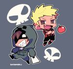  2boys apple black_shorts blonde_hair brown_eyes brown_hair chibi chibi_only crossed_arms evil_grin evil_smile fang food fruit full_body grey_background grin holding holding_paper hood hood_up koneshima kotorai looking_at_viewer male_focus marumaru_no_shuyaku_wa_wareware_da! multiple_boys no_pupils outline paper red_apple red_shirt running shaded_face shirt shorts skull smile white_outline zipper_pull_tab zom 