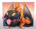 after_vore anthro belly belly_grab black_belly black_body bodily_fluids brady(sleepy_brady) charizard dragon dusknoir generation_1_pokemon generation_4_pokemon hi_res horn huge_belly hybrid jewelry looking_pleasured male male_pred necklace nintendo orange_body orange_tail orange_wings pokemon pokemon_(species) red_eyes scalie smile solo stomach_acid stomach_mouth tail tongue tongue_out trpcafterdark vore wings