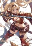  1girl armor asymmetrical_bangs bikini blonde_hair blue_eyes boots braid breasts commentary_request fagi_(kakikaki) granblue_fantasy hair_intakes highres holding holding_polearm holding_weapon large_breasts leg_armor long_hair looking_ahead miniskirt navel parted_lips partial_commentary polearm red_armor red_bikini skirt smile solo spear swimsuit thigh_boots twintails weapon zeta_(granblue_fantasy) 