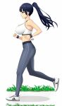  1girl absurdres ass bare_arms bare_shoulders blue_hair blue_wristband boku_no_kokoro_no_yabai_yatsu breasts brown_eyes dark_blue_hair exercise from_side full_body high_ponytail highres large_breasts long_hair mole mole_on_neck multiple_moles pants profile running ryu_seung shoes signature sneakers solo sports_bra white_footwear white_sports_bra wristband yamada_anna yoga_pants 