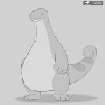 1:1 ambiguous_gender anthro black_eyes dinosaur greyscale hi_res long_neck long_tail monochrome multicolored_body overweight pal_(species) palworld relaxaurus reptile rogero_(artist) scalie sketch solo tail two_tone_body watermark
