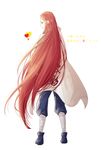  bad_id bad_pixiv_id cape cosplay from_behind hair_ornament hairclip heart long_hair looking_back namikaze_minato namikaze_minato_(cosplay) naruto naruto_(series) naruto_shippuuden red_hair solo suzu_(tg_390) translation_request uzumaki_kushina very_long_hair white_background 