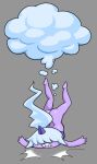 1_horn air_creature air_humanoid bottomless butt clothed clothing cloud cloud_humanoid dazzi_(pal) elemental_creature elemental_humanoid falling female flat_chested grey_background hair hair_over_eyes horn horned_humanoid humanoid living_cloud mammal mario-grant pal_(species) palworld purple_body simple_background solo split_form topwear tube_top white_hair