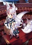  animal_ears carrying fox fox_ears fox_tail glasses highres library long_hair md5_mismatch multiple_girls original red_eyes silver_hair sukage tail 