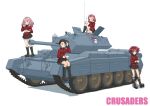  4girls absurdres against_vehicle black_footwear black_hair black_skirt boots brown_eyes character_name commentary cranberry_(girls_und_panzer) crusader_(tank) cup earrings emblem finger_to_mouth girls_und_panzer green_eyes grey_eyes hair_over_one_eye hand_in_own_hair highres holding holding_cup jacket jewelry knee_boots knee_up leaning_back long_hair long_sleeves looking_at_viewer makeup mascara military_uniform military_vehicle miniskirt motor_vehicle multiple_girls peach_(girls_und_panzer) pink_hair pleated_skirt qgkmn541 red_hair red_jacket rosehip_(girls_und_panzer) short_hair sitting skirt st._gloriana&#039;s_(emblem) st._gloriana&#039;s_military_uniform standing stud_earrings studded_footwear tank teacup uniform vanilla_(girls_und_panzer) wavy_hair white_background 