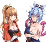  2girls arm_tattoo armor bandages black_sash blonde_hair blue_choker blue_eyes blue_hair blue_kimono blush breastplate breasts chest_sarashi chest_tattoo choker cleavage collarbone color_switch commentary crossed_arms genshin_impact highres japanese_clothes kamisato_ayaka kimono long_hair looking_at_viewer mbz3 medium_breasts multiple_girls obi orange_shirt parted_lips ponytail red_choker sarashi sash shirt short_hair short_sleeves simple_background single_bare_shoulder tattoo upper_body very_long_hair white_background yellow_eyes yoimiya_(genshin_impact) 