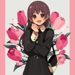  1girl :d arisa_(aren) artist_name bag black_dress black_eyes blush brown_hair buckle buttons collared_dress commentary cowboy_shot dot_nose dress earrings floral_background flower hand_up handbag highres jewelry long_hair long_sleeves looking_at_viewer open_mouth original pink_eyes pink_flower shoulder_bag signature smile solo standing tulip 