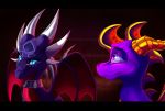  2018 black_bars blue_eyes cynder digital_media_(artwork) dragon duo feral horn membranous_wings plaguedogs123 purple_eyes scalie spines spyro spyro_the_dragon video_games western_dragon wings 