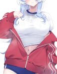  1girl blue_buruma blue_hair breasts buruma deyui elira_pendora gym_shirt highres jacket large_breasts light_blue_hair long_hair long_sleeves lower_body navel nijisanji nijisanji_en off_shoulder paid_reward_available partially_unzipped puffy_long_sleeves puffy_sleeves red_jacket shirt short_sleeves simple_background stomach sweat track_jacket white_background white_shirt 