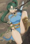  1girl black_gloves boots breasts climbing commentary_request dress earrings fingerless_gloves fire_emblem fire_emblem:_the_blazing_blade gloves green_eyes green_hair high_ponytail highres holding holding_rope horse jewelry large_breasts long_hair looking_back looking_down lyn_(fire_emblem) mountain pelvic_curtain ponytail rope sheath short_sleeves solo sword thighs very_long_hair wangxiii weapon 