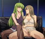  2girls bare_arms bare_legs bare_shoulders blue_eyes bottomless breasts brown_pantyhose c.c. camisole chemise cleavage clothes_lift code_geass collarbone commentary_request commission couch covered_nipples crossover feet_out_of_frame female_pubic_hair green_hair hair_over_one_eye hand_on_another&#039;s_crotch highres himemura_saki indoors large_breasts leg_on_another&#039;s_leg light_brown_hair long_hair looking_at_another medium_breasts multiple_girls one_eye_covered pantyhose parted_lips partial_commentary pubic_hair purple_tank_top pussy pussy_juice short_shorts shorts sidelocks sitting skeb_commission spaghetti_strap straight_hair tales_of_(series) tales_of_the_abyss tank_top tear_grants voice_actor_connection white_camisole window yellow_eyes yukana yuri 
