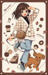  1girl :d animal arisa_(aren) arm_up artist_name bag black_eyes black_sweater blue_eyes blue_footwear blue_pants blush border brown_bag brown_border brown_cardigan brown_hair buttoned_cuffs buttons cardigan coffee_beans coffee_cup commentary cookie cup denim disposable_cup dog doughnut flower_button food fork full_body glasses handbag highres holding holding_leash jeans leaf leash leg_up long_hair long_sleeves looking_at_viewer open_mouth original pants plaid plaid_cardigan scissors shoes shoulder_bag signature smile sneakers solo spoon standing standing_on_one_leg sweater turtleneck turtleneck_sweater white_footwear yarn yarn_ball 